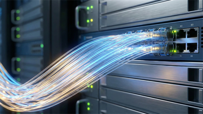 High-speed fiber optic cables plugged into a data center switch, glowing light trails signaling AI networking demand.