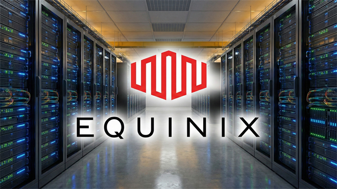 Equinix logo centered in a modern data center aisle, symbolizing colocation and cloud interconnect.