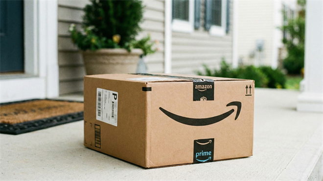 Amazon Prime delivery box on a front porch, highlighting Amazon’s e-commerce business amid a stock selloff narrative.