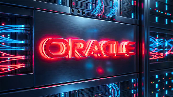 Oracle logo on server racks with network cables and LEDs, emphasizing cloud infrastructure growth.