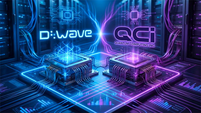 D-Wave and QCi logos over quantum chips in a data center, highlighting quantum computing stocks and AI demand.