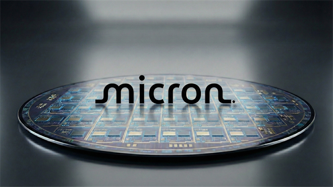 Micron logo on a silicon wafer, highlighting MU memory-chip demand driven by AI and data-center spending.