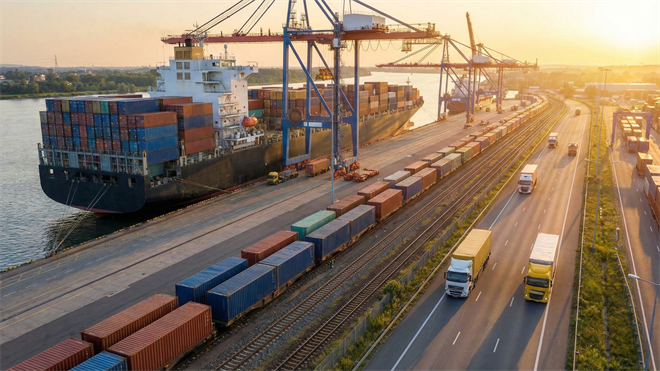 Port logistics scene at sunrise with container ship, cranes, rail containers, and trucks—illustrating transportation stocks and AI disruption fears.
