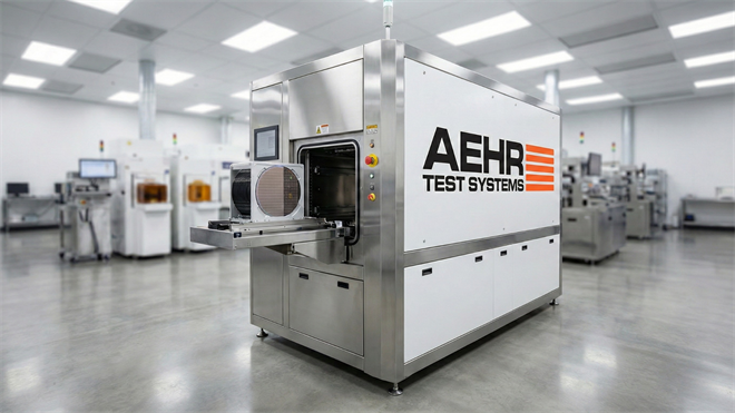 Aehr Test Systems burn-in machine in a cleanroom, highlighting AI ASIC reliability testing and new Sonoma orders.