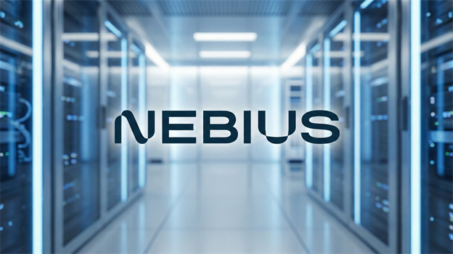Nebius logo over a glowing data-center aisle, symbolizing AI infrastructure as BlackRock accumulates shares.