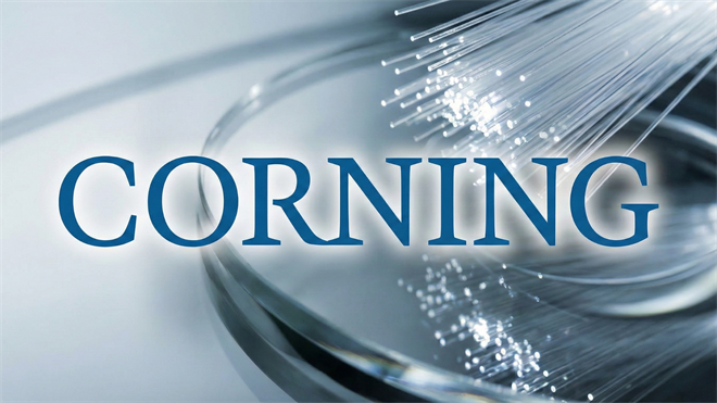 Corning logo over glowing fiber-optic strands, highlighting its AI data-center connectivity business.