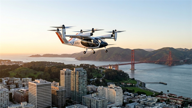 Joby Aviation electric air taxi flies over San Francisco with Golden Gate Bridge in background.
