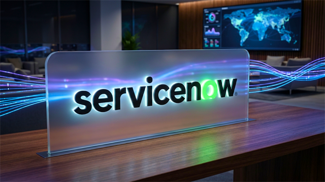 ServiceNow logo on an office desk with digital data waves and a global dashboard, highlighting enterprise software.