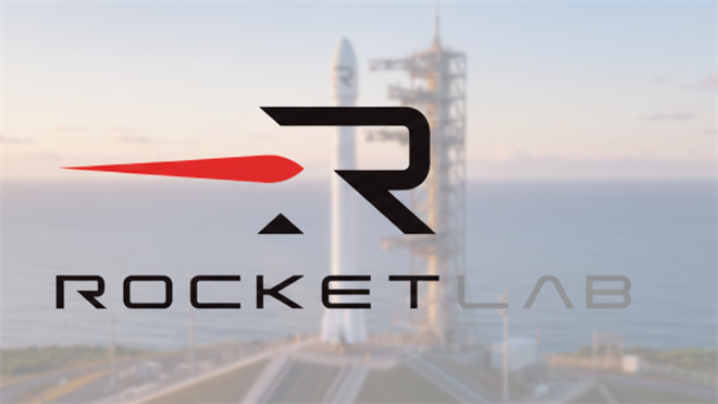 Rocket Lab logo over blurred rocket launch pad at sunrise, aerospace earnings context
