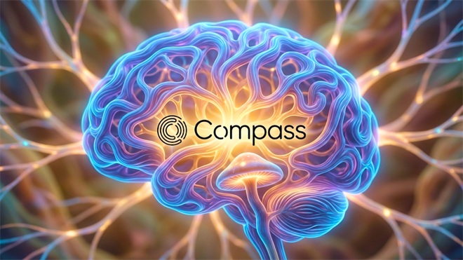 Compass Pathways logo over brain graphic, highlighting psychedelic biotech research and depression drug development.