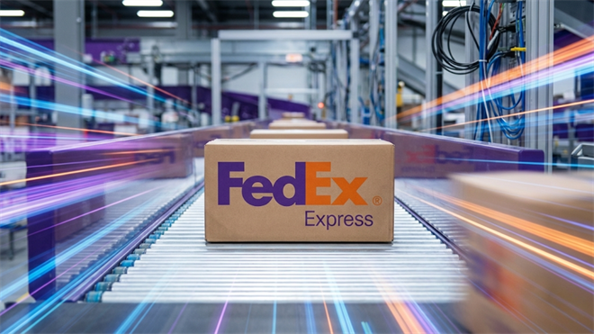 FedEx package moves on a conveyor in a logistics hub, underscoring shipping demand and transport stock performance.