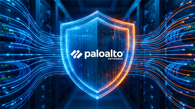 Palo Alto Networks logo on a digital shield in a server room, underscoring cybersecurity demand.