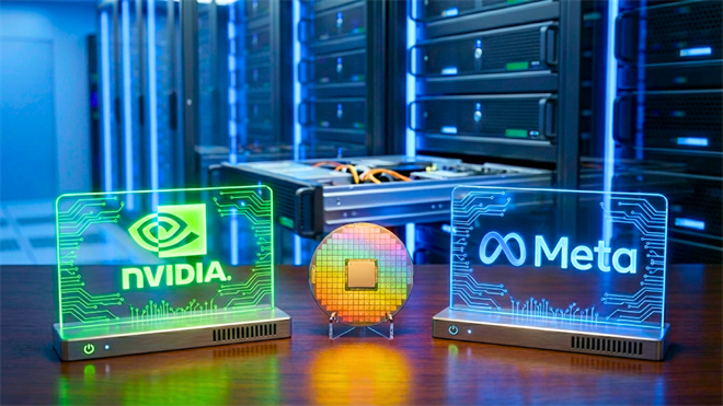 NVIDIA and Meta logos beside a chip wafer in a data center, highlighting AI infrastructure spending.