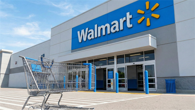 Walmart storefront with shopping cart, highlighting stock pullback opportunity in retail sector