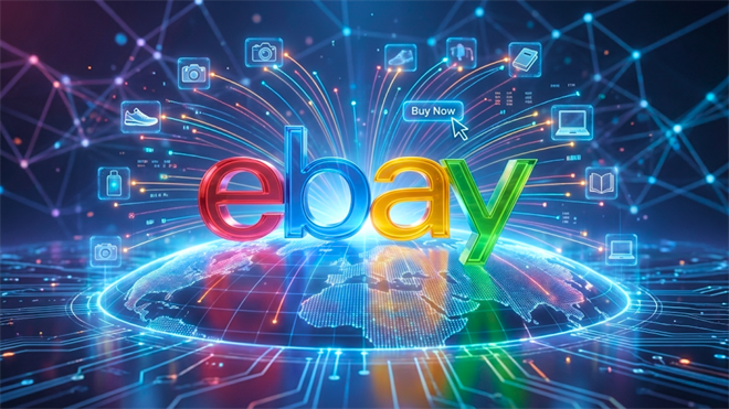 eBay logo over a global digital marketplace graphic, highlighting e-commerce demand and EBAY stock outlook.