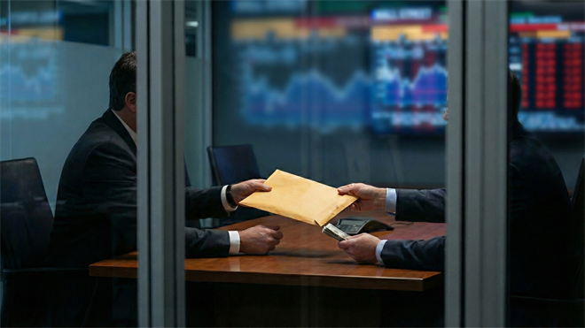 Two business executives exchange a large envelope and cash across a conference table, with blurred stock charts in the background, symbolizing insider stock sales in the financial sector.