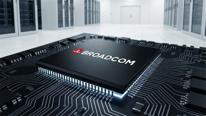 Close-up of a Broadcom-branded AI chip on a circuit board in a modern data center, symbolizing semiconductor performance and margin concerns.