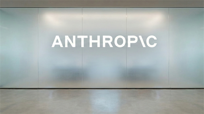Anthropic logo on frosted glass office wall, minimalist AI company branding in modern workspace