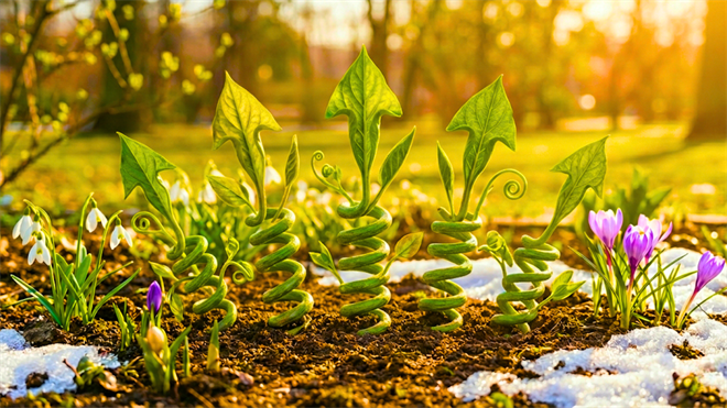 Green shoots shaped like upward arrows emerge from thawing soil, symbolizing market recovery and growth.