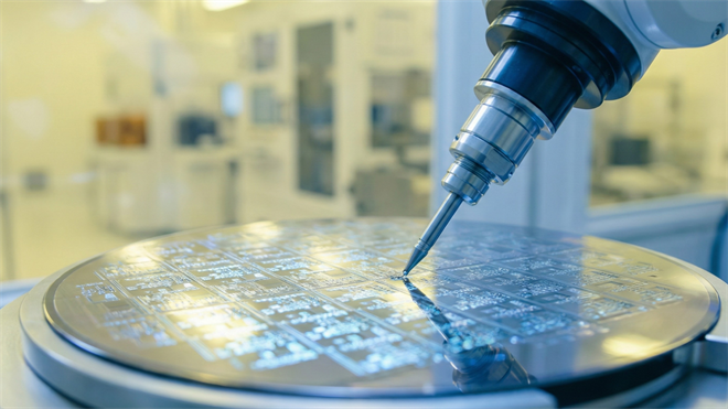 Close-up of a robotic precision tool hovering over a silicon wafer inside a bright semiconductor cleanroom, highlighting nanotechnology chip fabrication.