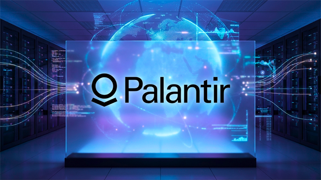 Palantir logo in data-center setting with digital globe overlay, underscoring PLTR AI analytics and stock focus.