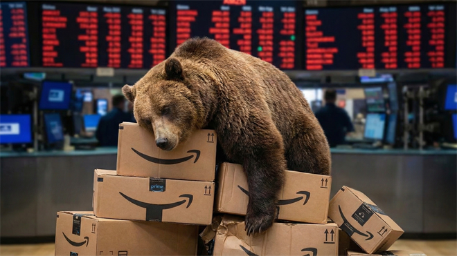 Amazon bear market image: a large brown bear slumped over stacked Amazon Prime boxes on a trading floor with red stock ticker boards in the background, symbolizing Amazon’s stock decline.