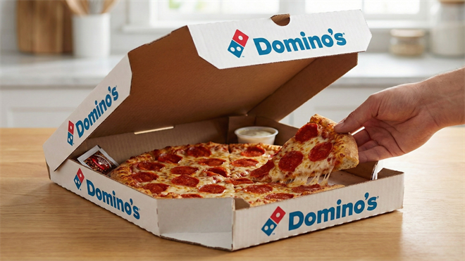 Domino’s Pizza pepperoni pie in branded box as shares gain on earnings and dividend growth