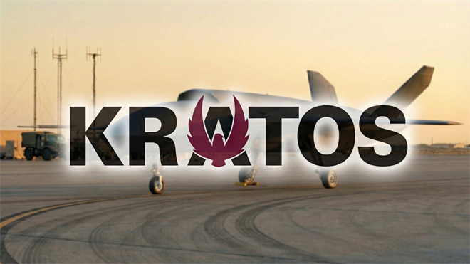 Kratos logo overlaid on an unmanned military drone parked on a runway at sunset, highlighting defense technology growth.