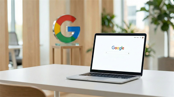 Google laptop on desk with Google logo sculpture in modern office setting