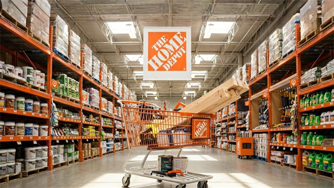 Home Depot store aisle with cart of lumber and supplies, reflecting HD retail demand tied to home improvement spending.