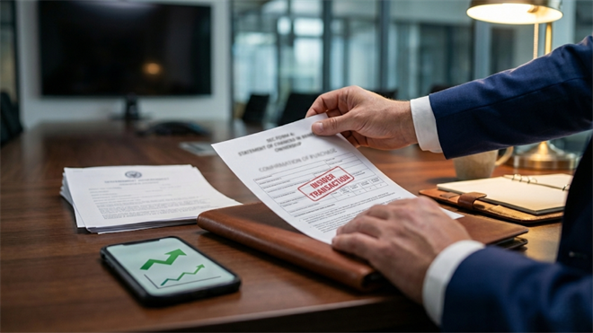 Insider transaction filing on a desk, with stock-up chart on phone signaling insider buying.