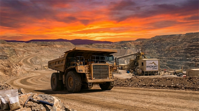Open-pit mine with haul truck near Hycroft Mining site, highlighting gold and silver producer stock.