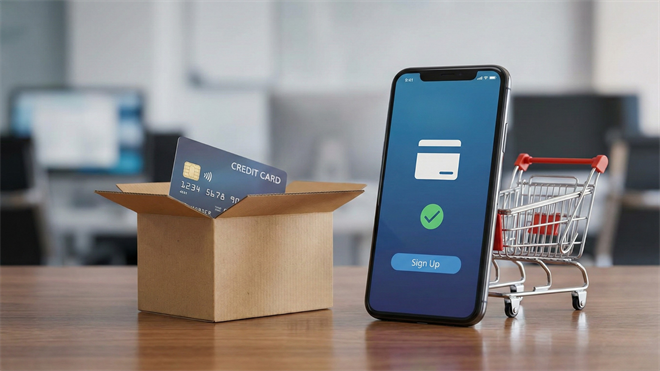 Smartphone displaying a digital wallet sign-up screen beside a cardboard shipping box with a credit card inside and a small shopping cart, symbolizing e-commerce and online payments growth.