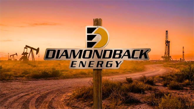 Diamondback Energy sign at sunset in an oil field with pumpjacks and rigs.