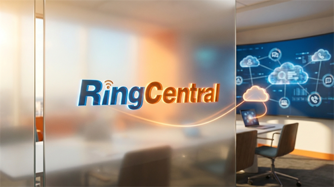 RingCentral logo on frosted glass in an office, with cloud communications icons in background.