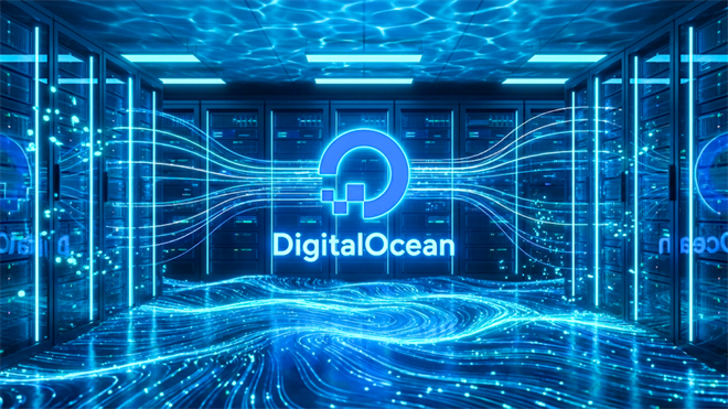 DigitalOcean logo in server room with flowing data lines, highlighting DOCN cloud infrastructure demand.