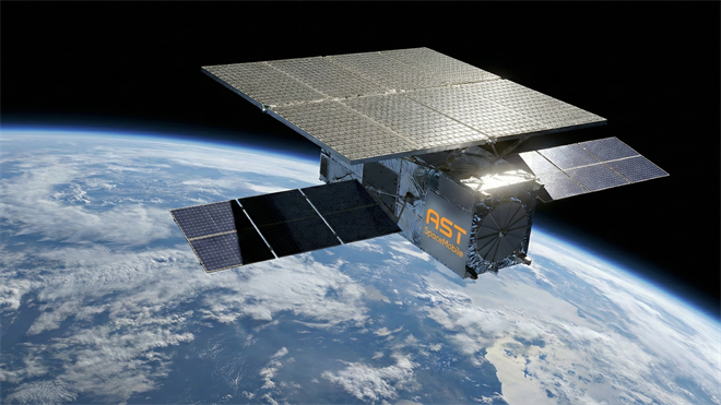 AST SpaceMobile BlueBird satellite in low Earth orbit above Earth’s horizon