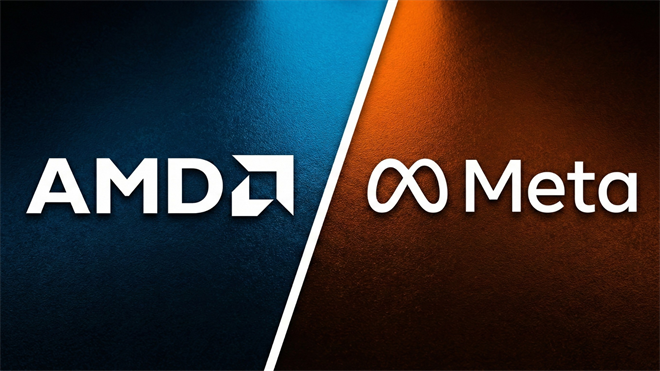 AMD and Meta logos split diagonally on blue and orange textured background, symbolizing AI hardware partnership.