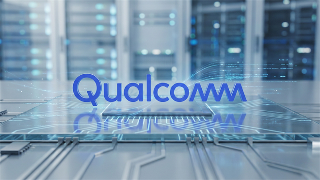 Qualcomm logo displayed above a microchip on a futuristic circuit board, symbolizing semiconductor rebound and bullish momentum in the tech industry.