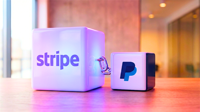 Stripe and PayPal logos chained together, highlighting reports of a potential Stripe acquisition of PayPal.