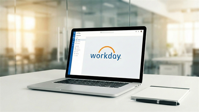 Workday laptop displaying company logo in modern office, reflecting stock rebound outlook