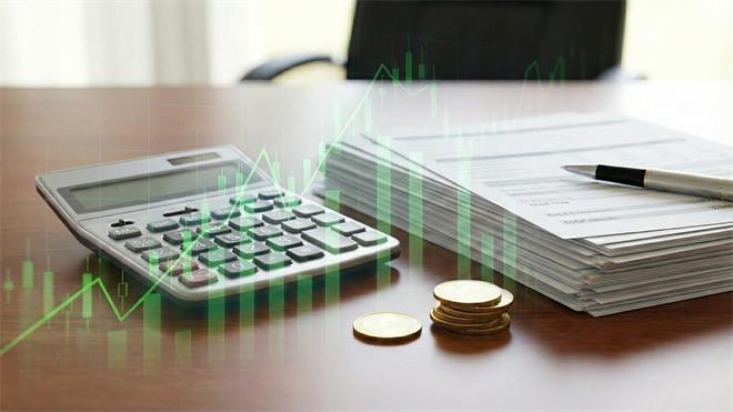 Calculator, stacked financial documents, and coins with green stock chart overlay representing financial sector volatility and AI-driven market selloff.