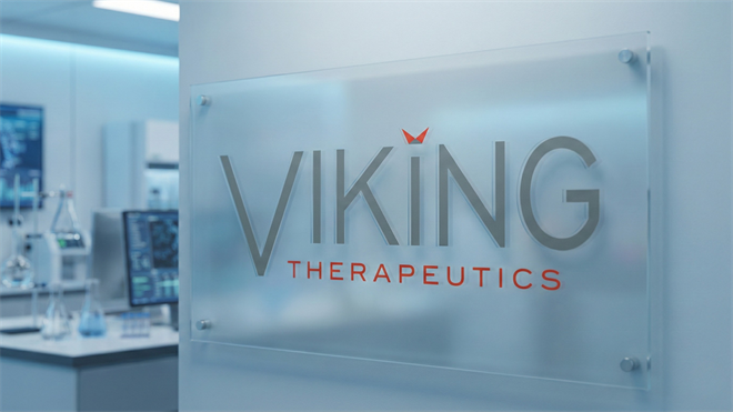 Frosted glass wall sign displaying the Viking Therapeutics logo inside a modern pharmaceutical lab, with blurred lab equipment and computer monitors in the background.
