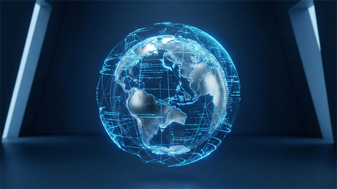 Glowing digital globe with blue network lines representing global equities and international ETF investing.