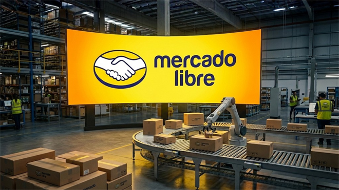 MercadoLibre logo over an automated warehouse with conveyor boxes.