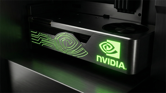 Close-up of an NVIDIA AI data center GPU unit with the green NVIDIA logo illuminated on a sleek metallic surface, symbolizing strong AI revenue growth and semiconductor industry leadership.