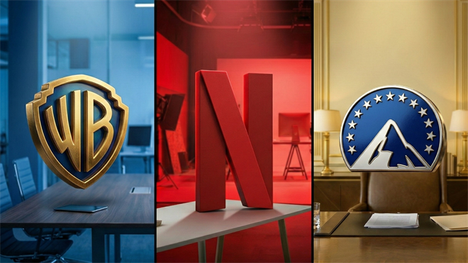 Composite image of Warner Bros., Netflix, and Paramount logos symbolizing a streaming bidding war.