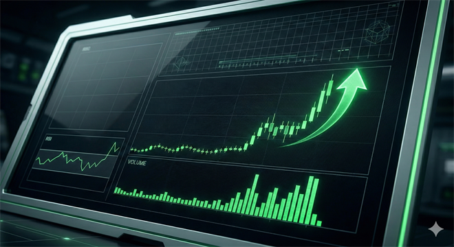 Upward-trending green stock chart on a trading monitor, symbolizing SaaS rebound potential amid AI-driven volatility.
