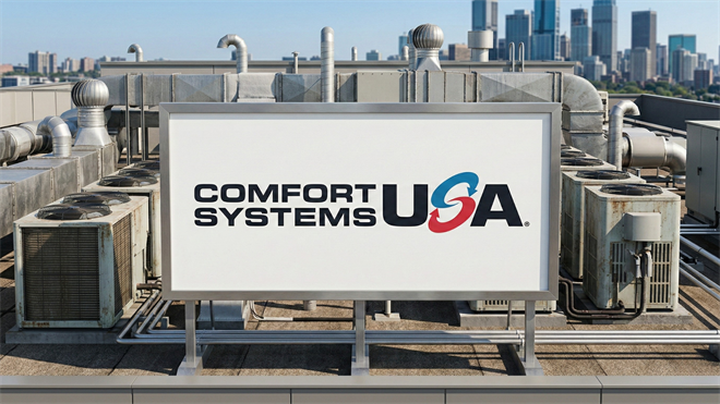 Modern rooftop HVAC units and ductwork with Comfort Systems USA signage, symbolizing AI-driven data center growth in mechanical contracting.