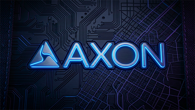 Axon Enterprise logo over circuit board and city grid, highlighting AXON public safety tech and AI growth.